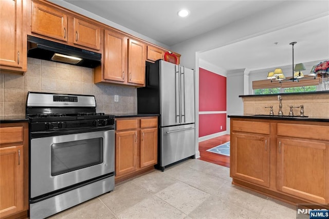 202 Blue Heron Dr, Secaucus, NJ 07094 - kitchen with a sink, dark countertops, stainless steel appliances, and under cabinet range hood