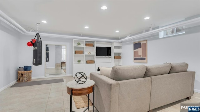 living area with light tile patterned floors, baseboards, and recessed lighting
