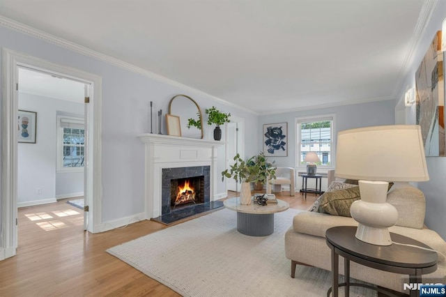 living area featuring a fireplace, ornamental molding, baseboards, and wood finished floors