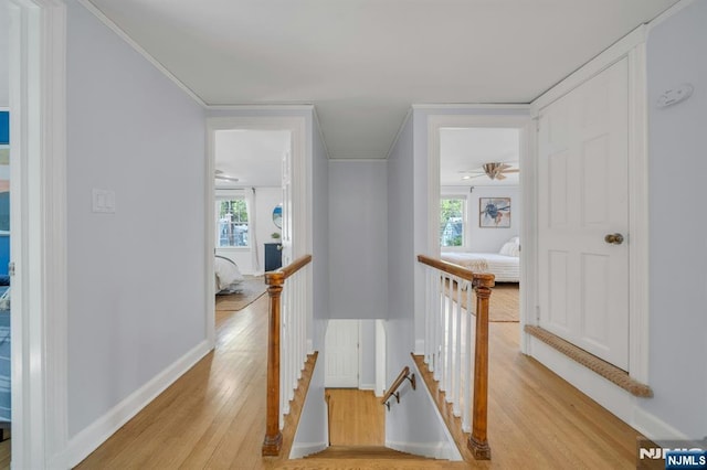 hallway featuring light wood-type flooring, plenty of natural light, an upstairs landing, and baseboards