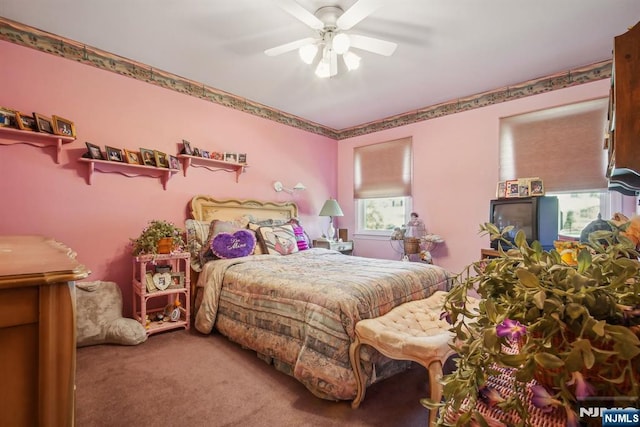 bedroom featuring carpet flooring and a ceiling fan
