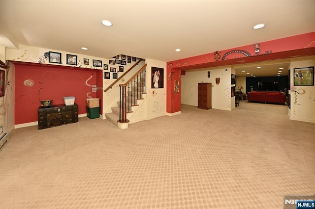 finished basement with stairs, recessed lighting, baseboards, and carpet floors