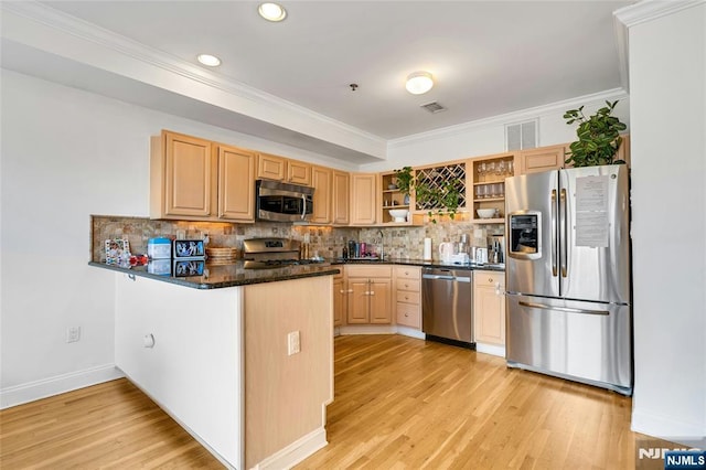 99 Park Ave Unit 5D, Hoboken, NJ 07030 - kitchen featuring open shelves, appliances with stainless steel finishes, light brown cabinetry, and tasteful backsplash