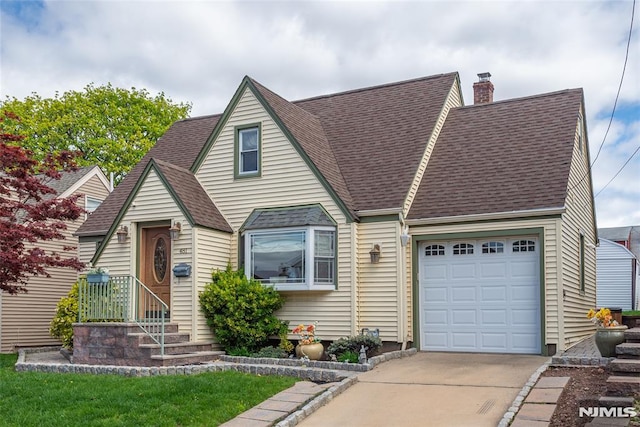 view of front of home featuring roof with shingles, concrete driveway, a chimney, and an attached garage