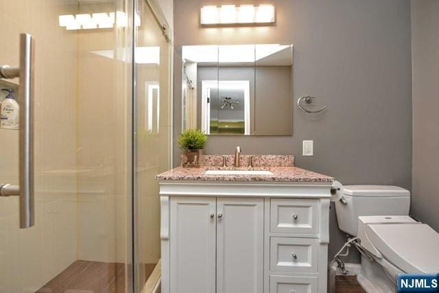 bathroom with toilet, a shower stall, and vanity