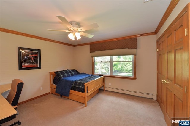 bedroom with a baseboard radiator, ornamental molding, light colored carpet, baseboards, and ceiling fan
