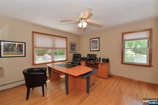 office space featuring plenty of natural light, light wood-style floors, a baseboard radiator, and baseboards