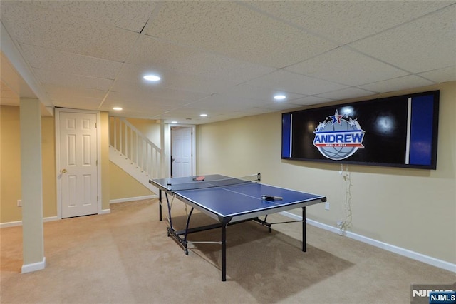 game room featuring carpet floors, baseboards, a drop ceiling, and recessed lighting