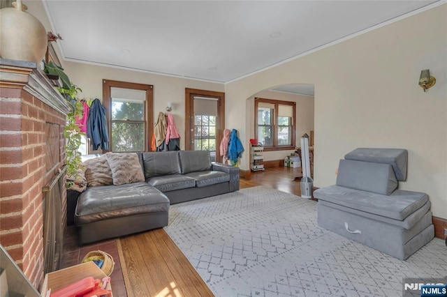 living room featuring arched walkways, wood finished floors, a fireplace, and ornamental molding