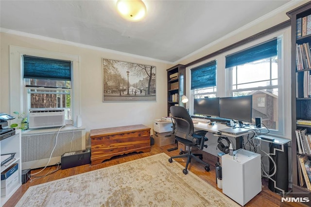 400 Prospect Ave, Oradell, NJ 07649 - office area with ornamental molding, wood finished floors, and cooling unit