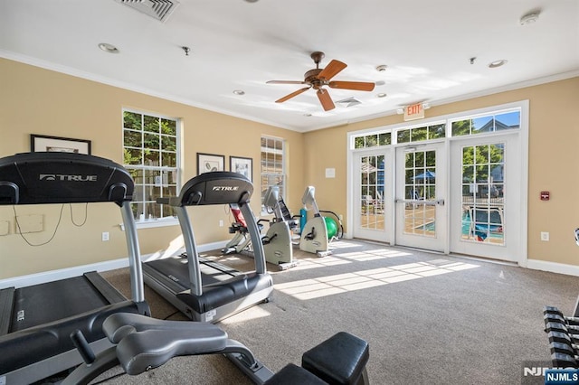exercise room with a ceiling fan, french doors, baseboards, visible vents, and crown molding