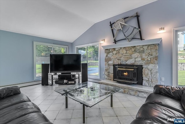 tiled living room with baseboard heating, lofted ceiling, and a fireplace