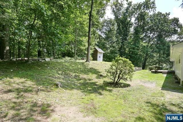 view of yard featuring a shed and an outbuilding