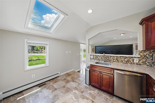 kitchen with a sink, stainless steel dishwasher, backsplash, and a baseboard heating unit