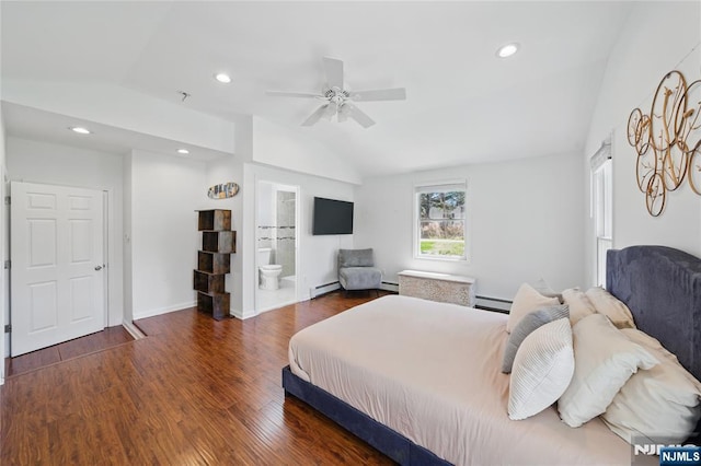 bedroom featuring a baseboard radiator, lofted ceiling, and wood finished floors