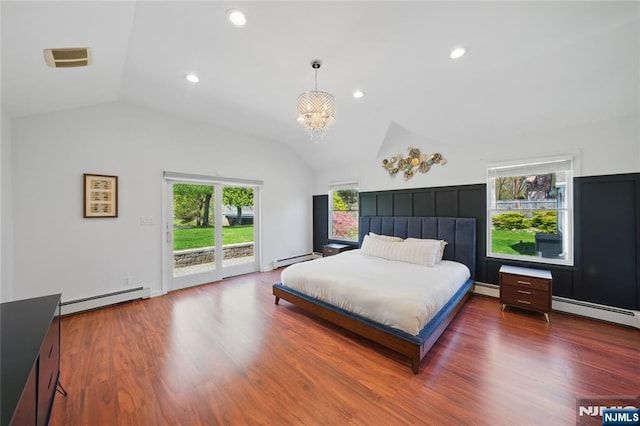bedroom featuring a baseboard radiator, lofted ceiling, access to outside, and a notable chandelier