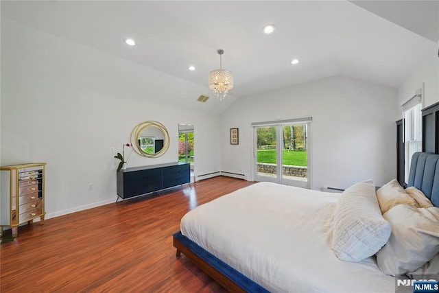 bedroom featuring wood finished floors, lofted ceiling, access to outside, a baseboard radiator, and recessed lighting