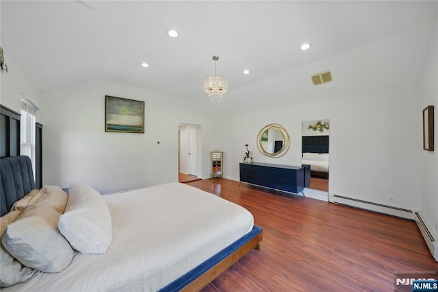 bedroom with lofted ceiling, wood finished floors, visible vents, recessed lighting, and a notable chandelier