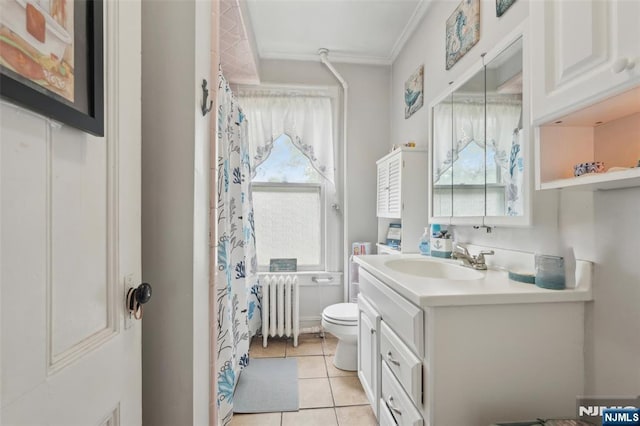full bathroom featuring radiator heating unit, toilet, tile patterned flooring, vanity, and ornamental molding