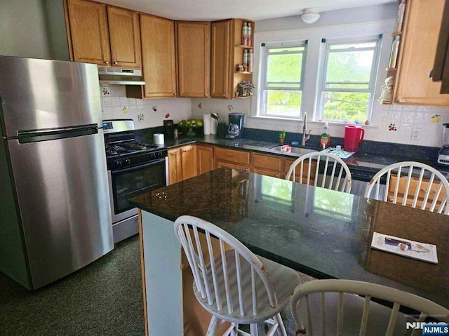 kitchen with appliances with stainless steel finishes, under cabinet range hood, a sink, brown cabinets, and decorative backsplash