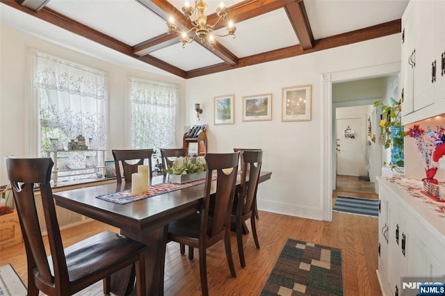 dining area featuring coffered ceiling, a chandelier, light wood-type flooring, baseboards, and beamed ceiling