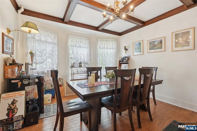 dining room with coffered ceiling, a chandelier, wood finished floors, beam ceiling, and baseboards