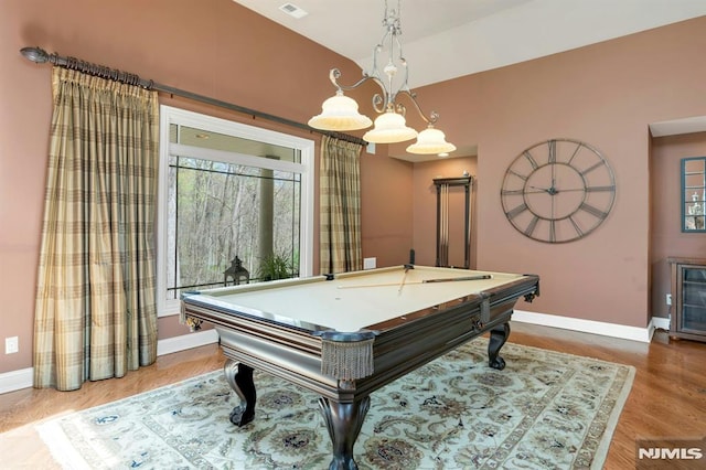rec room featuring baseboards, lofted ceiling, billiards, and wood finished floors