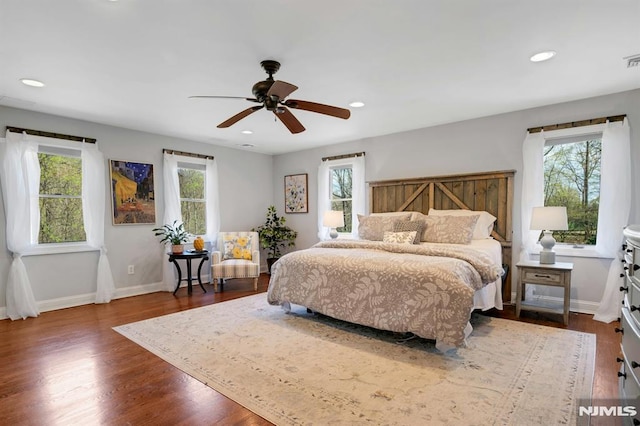 bedroom featuring multiple windows and dark wood-style flooring