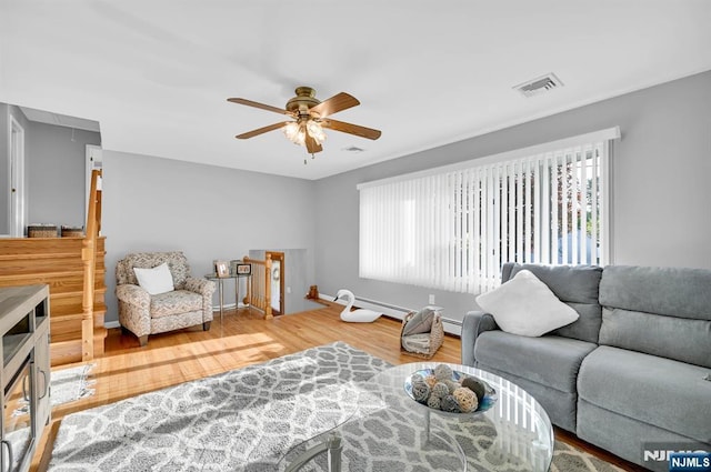 living area with a baseboard radiator, attic access, ceiling fan, visible vents, and wood finished floors