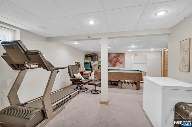 rec room with a paneled ceiling, light carpet, recessed lighting, and billiards