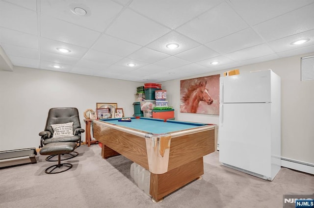 playroom featuring carpet flooring, baseboard heating, pool table, and recessed lighting