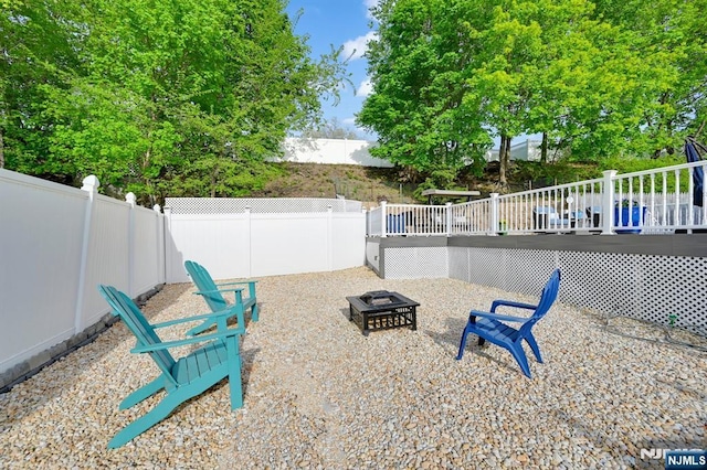 view of patio / terrace featuring a fire pit, a deck, and a fenced backyard