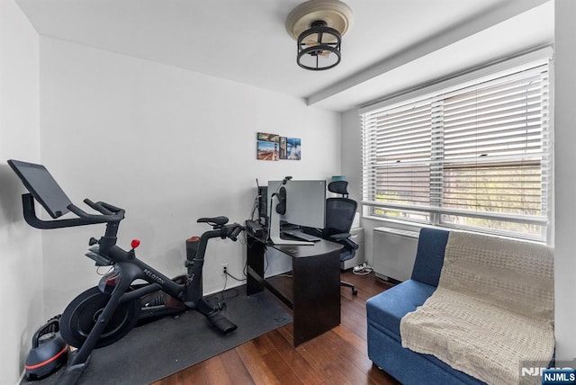 workout area with wood-type flooring