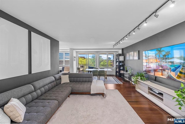 living room featuring track lighting and dark wood finished floors