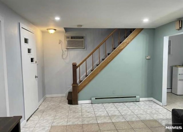 257 Palisade Ave, Garfield, NJ 07026 - entrance foyer featuring baseboard heating, stairs, a wall mounted AC, and recessed lighting