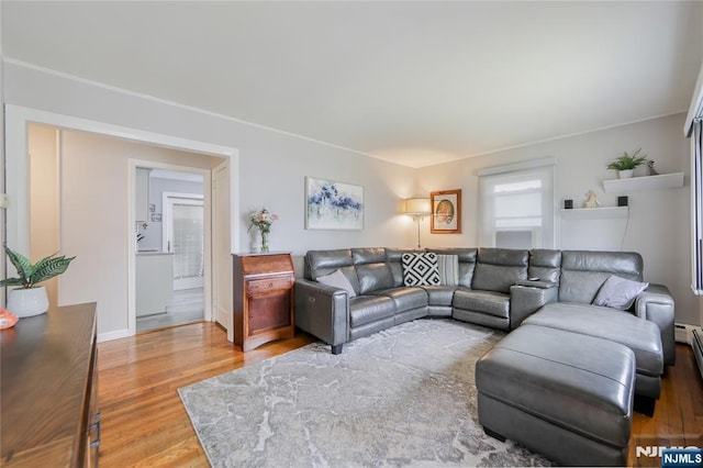 living room featuring wood finished floors, ornamental molding, and baseboards