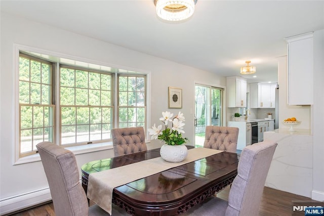 434 Argyle St, Oradell, NJ 07649 - dining space with a baseboard radiator, dark wood-style flooring, and baseboards