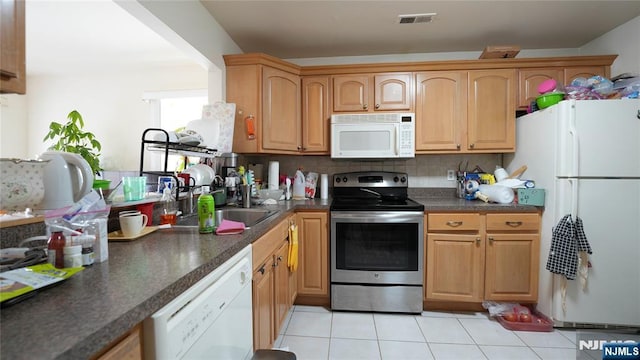 336 Village Ct Unit 3201, Fort Lee, NJ 07024 - kitchen featuring white appliances, dark countertops, backsplash, light tile patterned flooring, and a sink