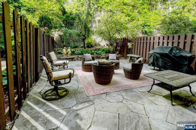 view of patio / terrace featuring a fenced backyard and outdoor lounge area