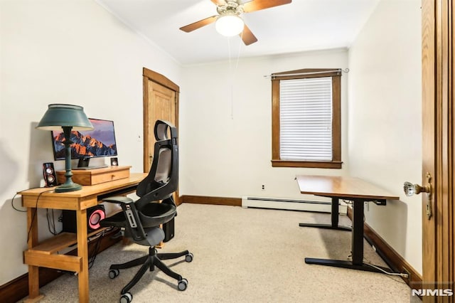 12-67 12th St, Fair Lawn, NJ 07410 - office area featuring a baseboard radiator, carpet floors, ceiling fan, baseboards, and ornamental molding