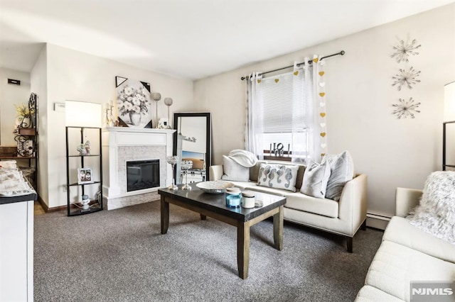12-67 12th St, Fair Lawn, NJ 07410 - living area featuring dark colored carpet, a baseboard heating unit, and a brick fireplace