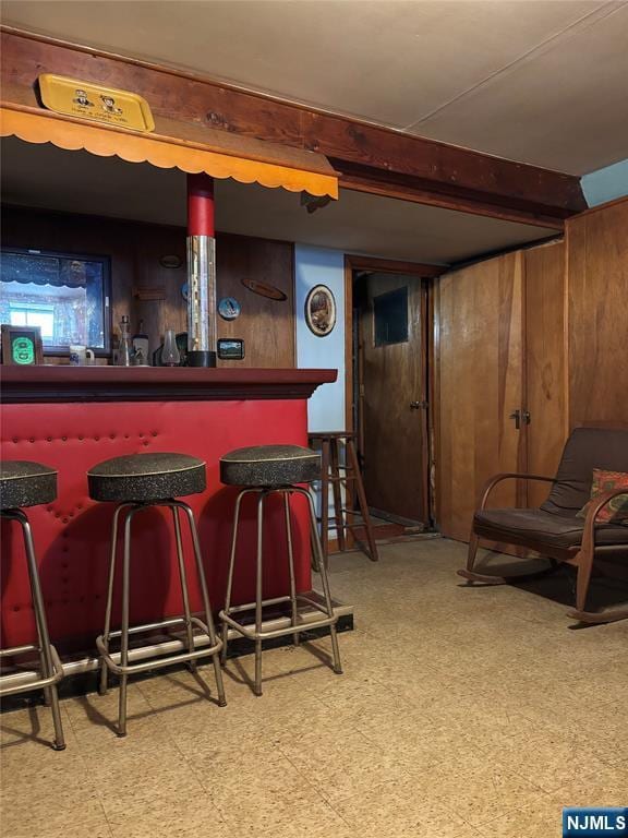 indoor dry bar featuring tile patterned floors and wood walls