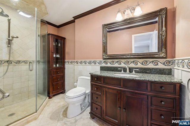 20 Old Farm Rd, Caldwell, NJ 07006 - bathroom featuring ornamental molding, a stall shower, toilet, tile walls, and vanity