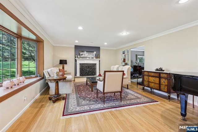 20 Old Farm Rd, Caldwell, NJ 07006 - living room with wood finished floors, crown molding, baseboards, recessed lighting, and a fireplace with raised hearth