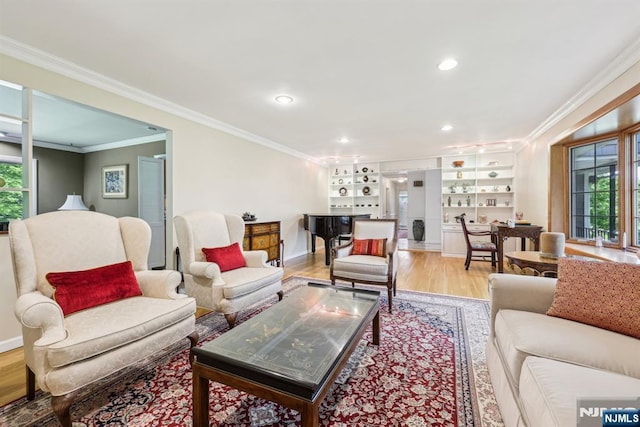20 Old Farm Rd, Caldwell, NJ 07006 - living area featuring crown molding, wood finished floors, recessed lighting, baseboards, and built in features