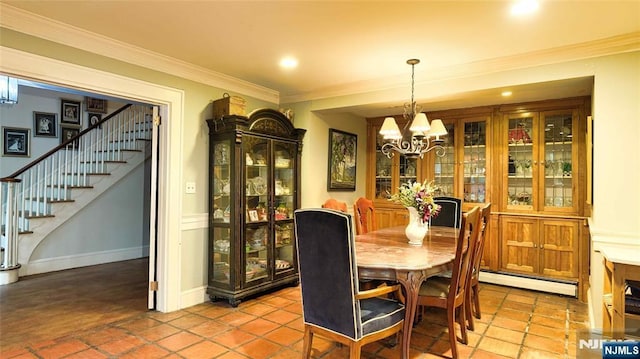dining room featuring a baseboard radiator, stairway, crown molding, a chandelier, and recessed lighting