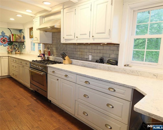 kitchen with high end range, under cabinet range hood, crown molding, dark wood-type flooring, and white cabinets