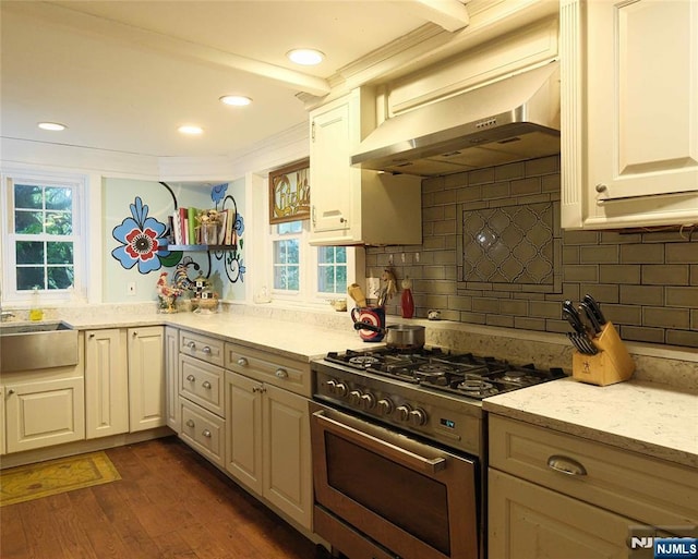 kitchen featuring stainless steel range, under cabinet range hood, dark wood-style flooring, light stone counters, and tasteful backsplash