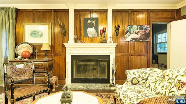 living area featuring a glass covered fireplace, crown molding, and radiator heating unit