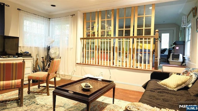 living room featuring wood finished floors, ornamental molding, and vaulted ceiling